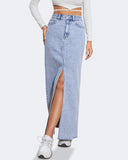Flvsun-Women's High Waist Maxi Denim Skirt Front Split Frayed Raw Hem A line Casual Long Jean Skirt