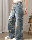 Flvsun-Women'S 90s Vintage Floral Print High Waisted Straight Leg Jeans