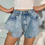 Flvsun-Women's Casual Mid-Rise Flared Denim Shorts - Loose Fit Button Closure, Water-Washed Denim Texture
