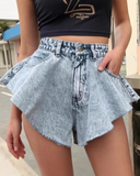 Flvsun-Women's Casual Mid-Rise Flared Denim Shorts - Loose Fit Button Closure, Water-Washed Denim Texture