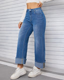 Flvsun-Womens Wide Leg Jeans High Waist Stretchy Straight Leg Cuffed Denim Pants Trendy 2025