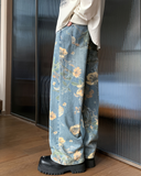 Flvsun-Women's Golden Floral Print Wide Leg Jeans