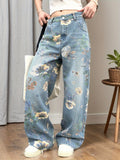 Flvsun-Women'S 90s Vintage Floral Print High Waisted Straight Leg Jeans