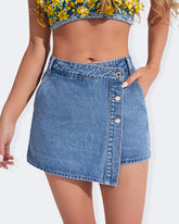 Flvsun-Denim Shorts Women Casual High Waisted Solid Button Up Asymmetrical Denim Jean Skort Skirt Mini Shorts.