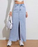 Flvsun-Women's High Waist Maxi Denim Skirt Front Split Frayed Raw Hem A line Casual Long Jean Skirt