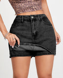 Flvsun-Denim Skorts Skirts Womens High Waisted Denim Mini Skort with Side Slit in Black, stylish and trendy summer wear.