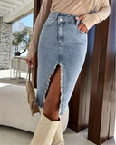 Flvsun-Womens High Waist Midi Jean Skirt Casual Split Frayed Raw Hem Stretchy Knee Length Denim Skirt