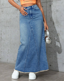 Flvsun-Womens High Waist Maxi Denim Skirt Frayed Raw Hem Midi Jean Skirts A line Casual Long Jean Skirt.