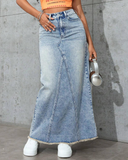 Flvsun-Womens High Waist Maxi Denim Skirt Frayed Raw Hem Midi Jean Skirts A line Casual Long Jean Skirt.