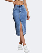 Flvsun-Midi Denim Skirt High Waisted Front Split Casual Stretch Knee Length Jean Skirt for Women