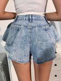 Flvsun-Women's Casual Mid-Rise Flared Denim Shorts - Loose Fit Button Closure, Water-Washed Denim Texture