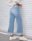 Flvsun-Womens Wide Leg Jeans High Waist Stretchy Straight Leg Cuffed Denim Pants Trendy 2025