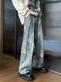Flvsun-Women's Golden Floral Print Wide Leg Jeans