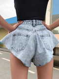 Flvsun-Women's Casual Mid-Rise Flared Denim Shorts - Loose Fit Button Closure, Water-Washed Denim Texture