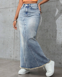 Flvsun-Womens High Waist Maxi Denim Skirt Frayed Raw Hem Midi Jean Skirts A line Casual Long Jean Skirt.