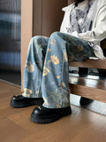 Flvsun-Women's Golden Floral Print Wide Leg Jeans