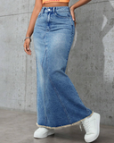 Flvsun-Womens High Waist Maxi Denim Skirt Frayed Raw Hem Midi Jean Skirts A line Casual Long Jean Skirt.