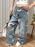 Flvsun-Women'S 90s Vintage Floral Print High Waisted Straight Leg Jeans