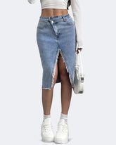 Flvsun-Womens High Waist Midi Jean Skirt Casual Split Frayed Raw Hem Stretchy Knee Length Denim Skirt