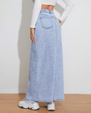 Flvsun-Women's High Waist Maxi Denim Skirt Front Split Frayed Raw Hem A line Casual Long Jean Skirt