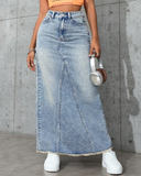 Flvsun-Womens High Waist Maxi Denim Skirt Frayed Raw Hem Midi Jean Skirts A line Casual Long Jean Skirt.