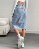 Flvsun-Womens High Waist Midi Jean Skirt Casual Split Frayed Raw Hem Stretchy Knee Length Denim Skirt
