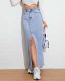 Flvsun-Women's High Waist Maxi Denim Skirt Front Split Frayed Raw Hem A line Casual Long Jean Skirt