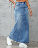 Flvsun-Womens High Waist Maxi Denim Skirt Frayed Raw Hem Midi Jean Skirts A line Casual Long Jean Skirt.