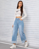 Flvsun-Womens Wide Leg Jeans High Waist Stretchy Straight Leg Cuffed Denim Pants Trendy 2025