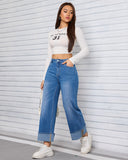 Flvsun-Womens Wide Leg Jeans High Waist Stretchy Straight Leg Cuffed Denim Pants Trendy 2025