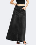 Flvsun-Women's Maxi Jean Skirt High Waisted A-Line Long Denim Stretch Skirts with Frayed Raw Hem for Ladies