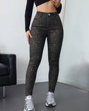 Flvsun-Solid Color Pocket Zipper Closure Casual Skinny Fit Jeans