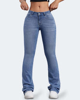 Flvsun low rise bell bottom jeans for women, stretchy flared jeans in light blue, perfect for stylish casual looks.