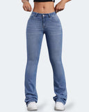 Flvsun low rise bell bottom jeans for women, stretchy flared jeans in light blue, perfect for stylish casual looks.
