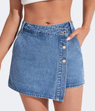 Flvsun-Denim Shorts Women Casual High Waisted Solid Button Up Asymmetrical Denim Jean Skort Skirt Mini Shorts.