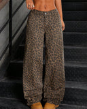 Flvsun-Women Front Button Low Waist Leopard Print Washed Straight Leg Jeans, Casual Everyday Wear