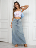 Flvsun-Casual Washed Frayed Hem Long Denim Skirt