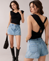 Flvsun-Women's Vintage Street Style Casual Washed Denim Mini Skirt, Spring