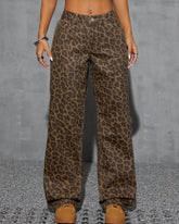 💖Flvsun-Women Front Button Low Waist Leopard Print Washed Straight Leg Jeans, Casual Everyday Wear