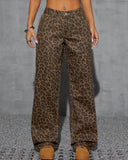 💖Flvsun-Women Front Button Low Waist Leopard Print Washed Straight Leg Jeans, Casual Everyday Wear