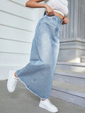 Flvsun-Casual Washed Frayed Hem Long Denim Skirt