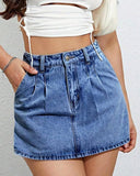 Flvsun-Women's Denim Skirt High Waist Casual Denim Skort Women Mini Jean Skirt Shorts Fold Pleated Design