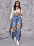 Flvsun-High Waist Ripped Mom Fit Jeans