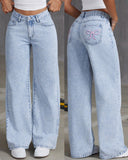 Flvsun-Women Embroidered Bowknot Washed Denim Jeans