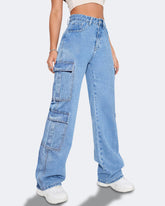 Flvsun-Women_s High Waist Cargo Jeans Flap Pocket