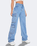 Flvsun-Women_s High Waist Cargo Jeans Flap Pocket