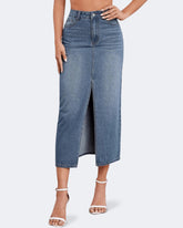 Flvsun-Womens Front Slit Thigh Denim Skirt High Waist Casual Midi Length Jean Skirt for Curvy Females