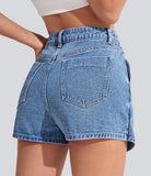 Flvsun-Denim Shorts Women Casual High Waisted Solid Button Up Asymmetrical Denim Jean Skort Skirt Mini Shorts.
