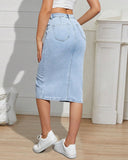 Flvsun-Women's Mid Length Stretch Denim Slit Skirt Comfortable Curve Enhancing for A Flattering Fit