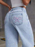 Flvsun-Women Embroidered Bowknot Washed Denim Jeans